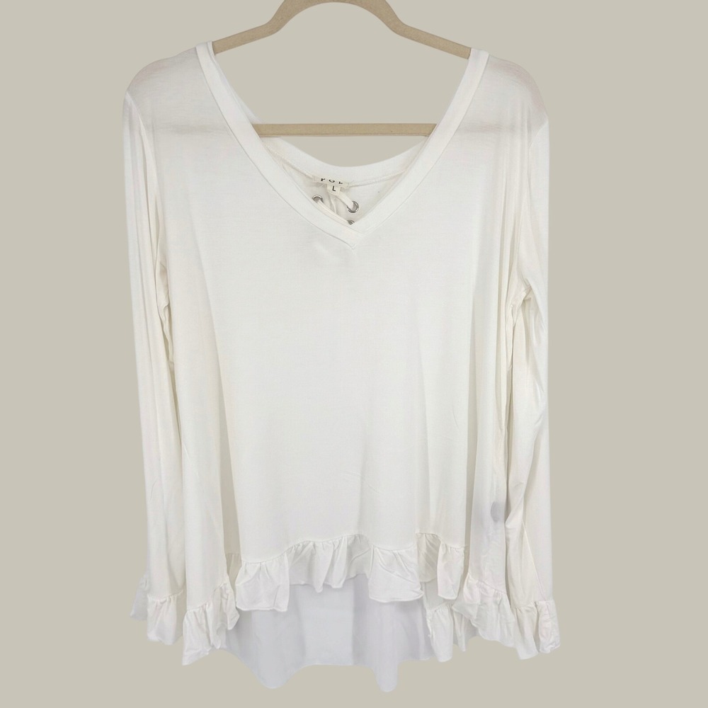 POL Romantic Boho Top Women Large White Lace Up Detail Sheer Back Flowy Feminine